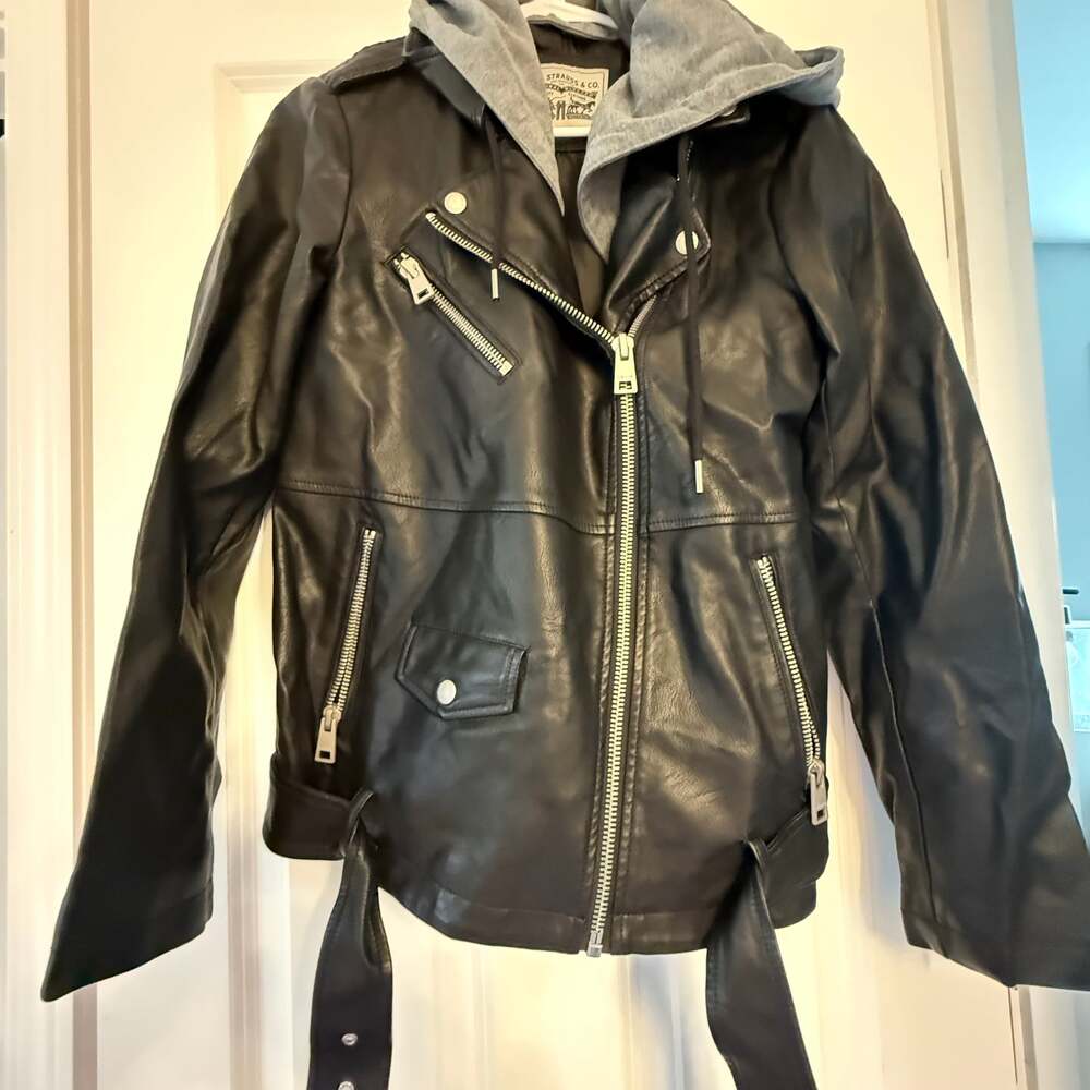 Levi's Women's Black Faux Leather Oversized Hooded Motorcycle Jacket, XS